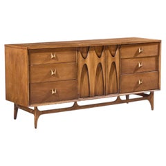 Broyhill Brasilia Mid Century Walnut and Brass Lowboy 9 Drawer Dresser