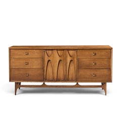 Broyhill Brasilia Mid Century Walnut and Brass Lowboy 9 Drawer Dresser