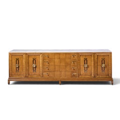 Renzo Rutili for Johnson Furniture Mid Century Walnut, Brass and Marble Credenza