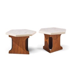 Harvey Probber Mid Century Walnut and Terrazzo Top Hexagon Side Tables - Pair