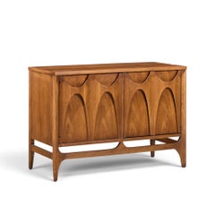 Broyhill Brasilia Mid Century Walnut and Brass Credenza with Hutch