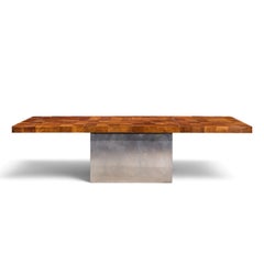 Mesa de comedor «Milo Baughman» de Thayer Coggin, en madera de burl y cromo, con 2 extensiones