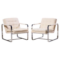 Milo Baughman Style Mid Century Chrome Lounge Chairs - Pair
