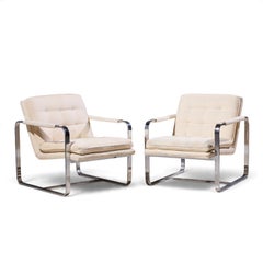 Milo Baughman Style Mid Century Chrome Lounge Chairs - Pair