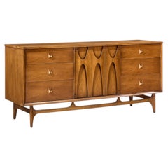 Broyhill Brasilia Mid Century Walnut and Brass 9 Drawer Lowboy Dresser
