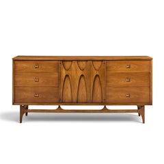Broyhill Brasilia Mid Century Walnut and Brass 9 Drawer Lowboy Dresser
