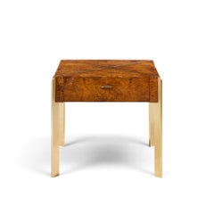 Milo Baughman Style Hekman Mid Century Burlwood and Brass Side End Table