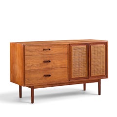 Jack Cartwright for Founders Mid Century Walnut and Cane Credenza with Hutch