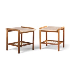 Dux Style Mid Century Travertine and Oak Side End Tables - Pair