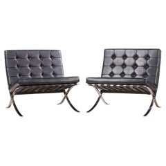 Mies van der Rohe for Knoll Mid Century Black Leather Barcelona Chairs - Pair