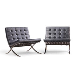 Mies van der Rohe for Knoll Mid Century Black Leather Barcelona Chairs - Pair