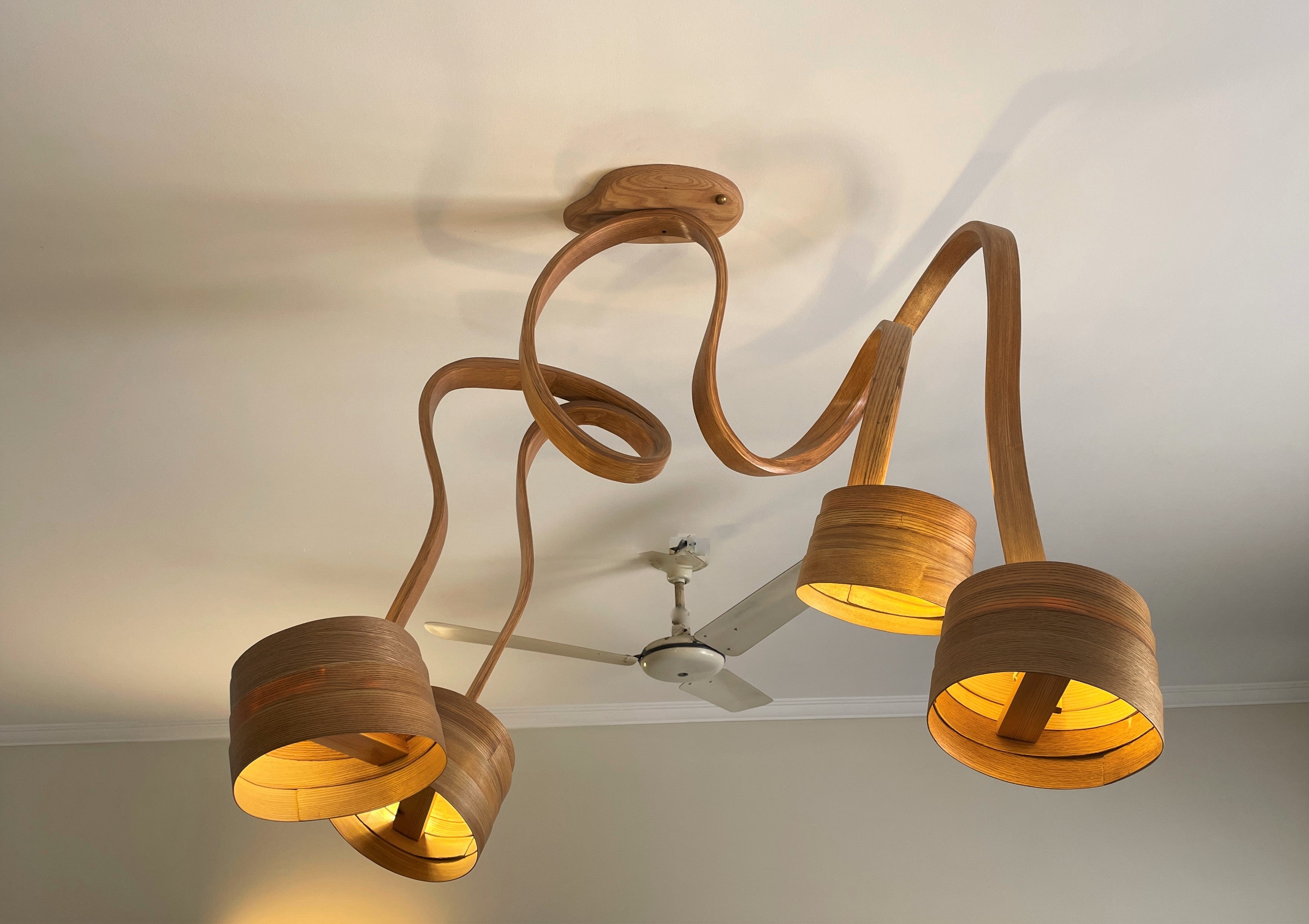 Chandelier, wooden chandelier, lighting piece, Bent Wood Design by Raka Studio For Sale