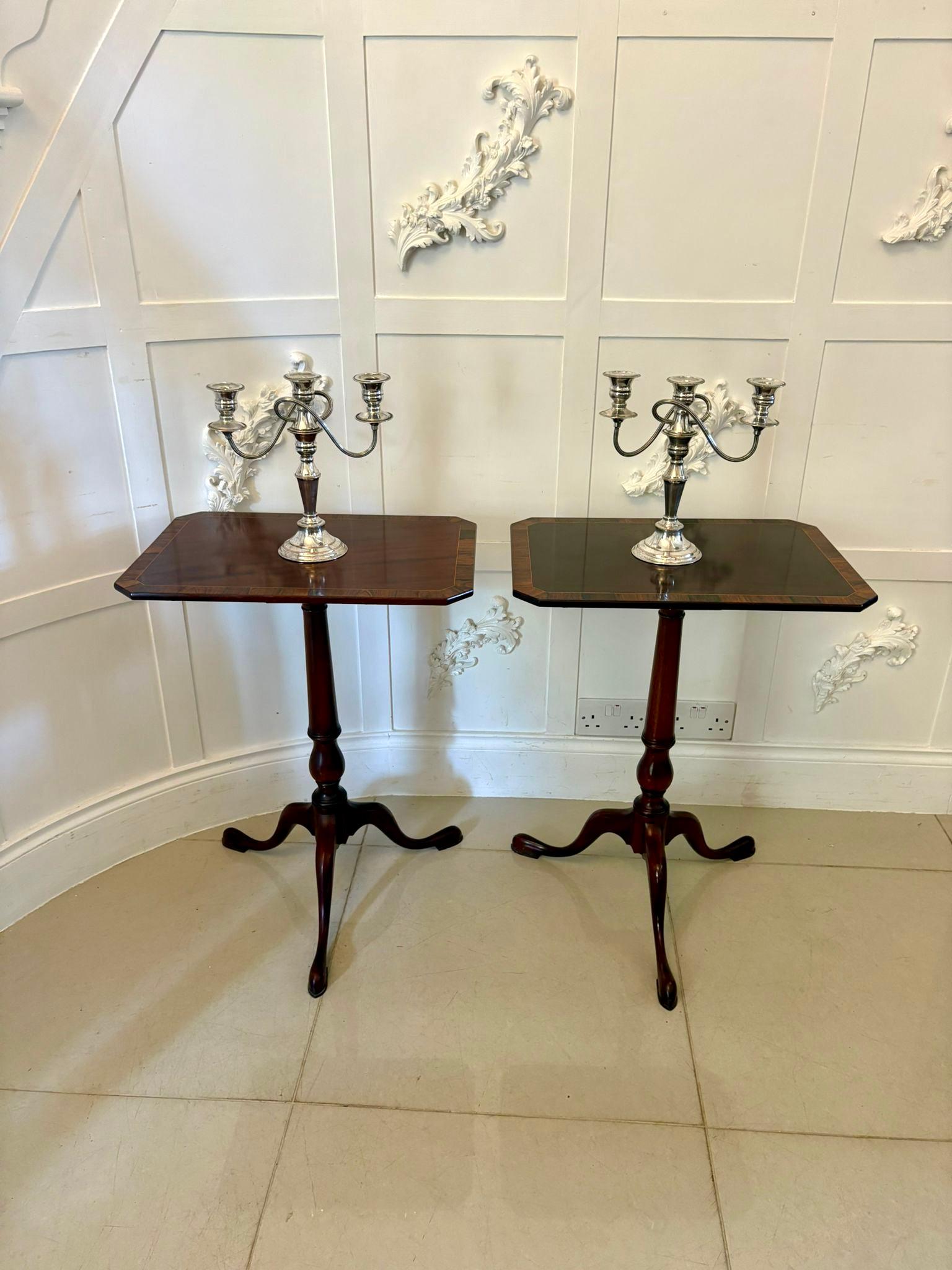 Superb quality pair of antique figured mahogany lamp/bedside tables having superb quality figured mahogany crossbanded rectangular shaped tops supported by a turned tapering pedestal column standing on 3 shaped cabriole legs with pad feet.

A