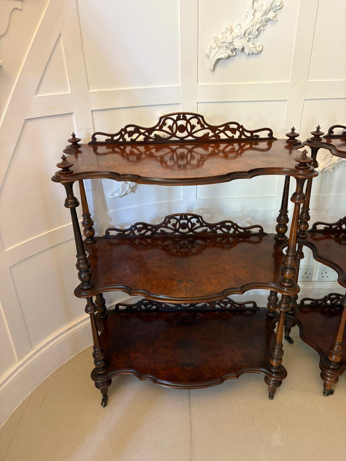 Unusual Pair of Antique Victorian Quality Burr Walnut Whatnots For Sale 2