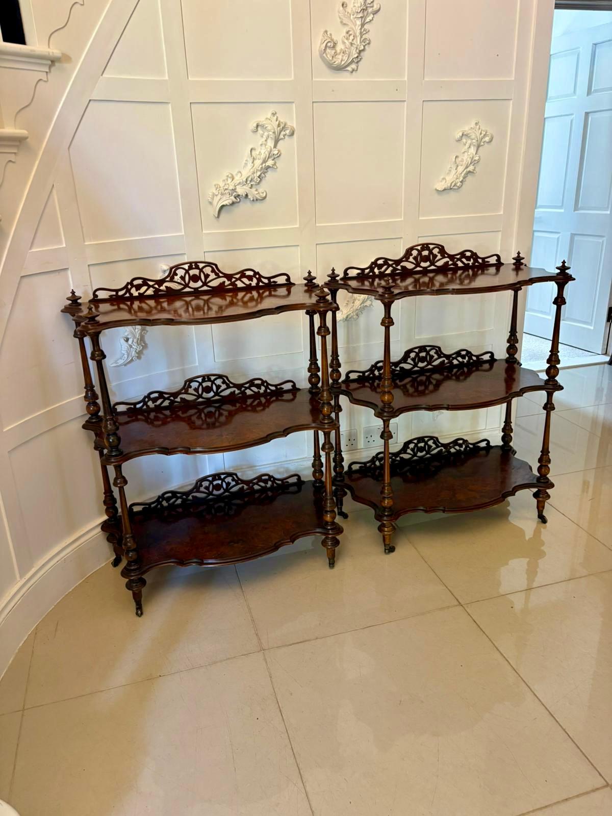 English Unusual Pair of Antique Victorian Quality Burr Walnut Whatnots For Sale