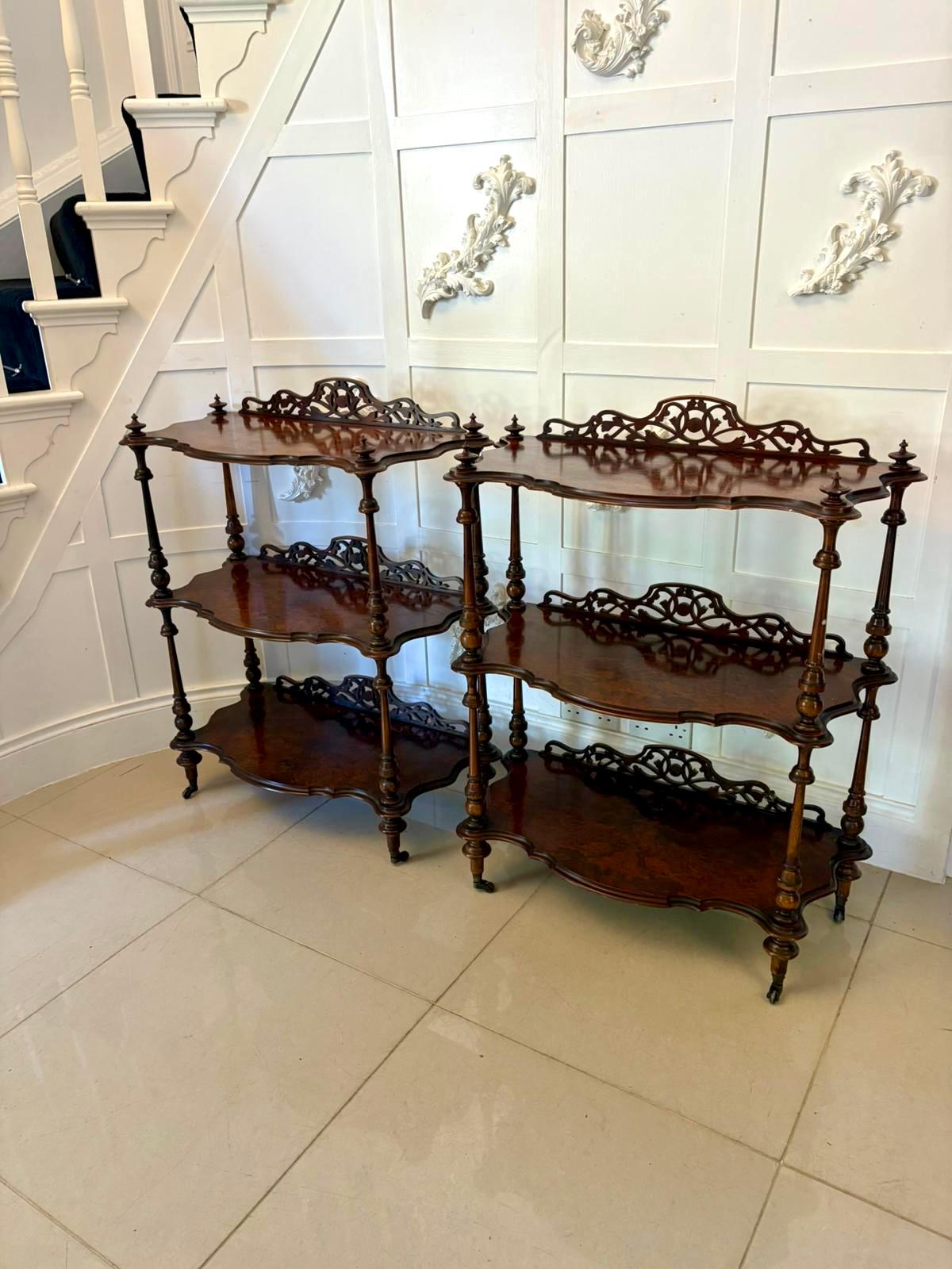 Unusual Pair of Antique Victorian Quality Burr Walnut Whatnots For Sale 4