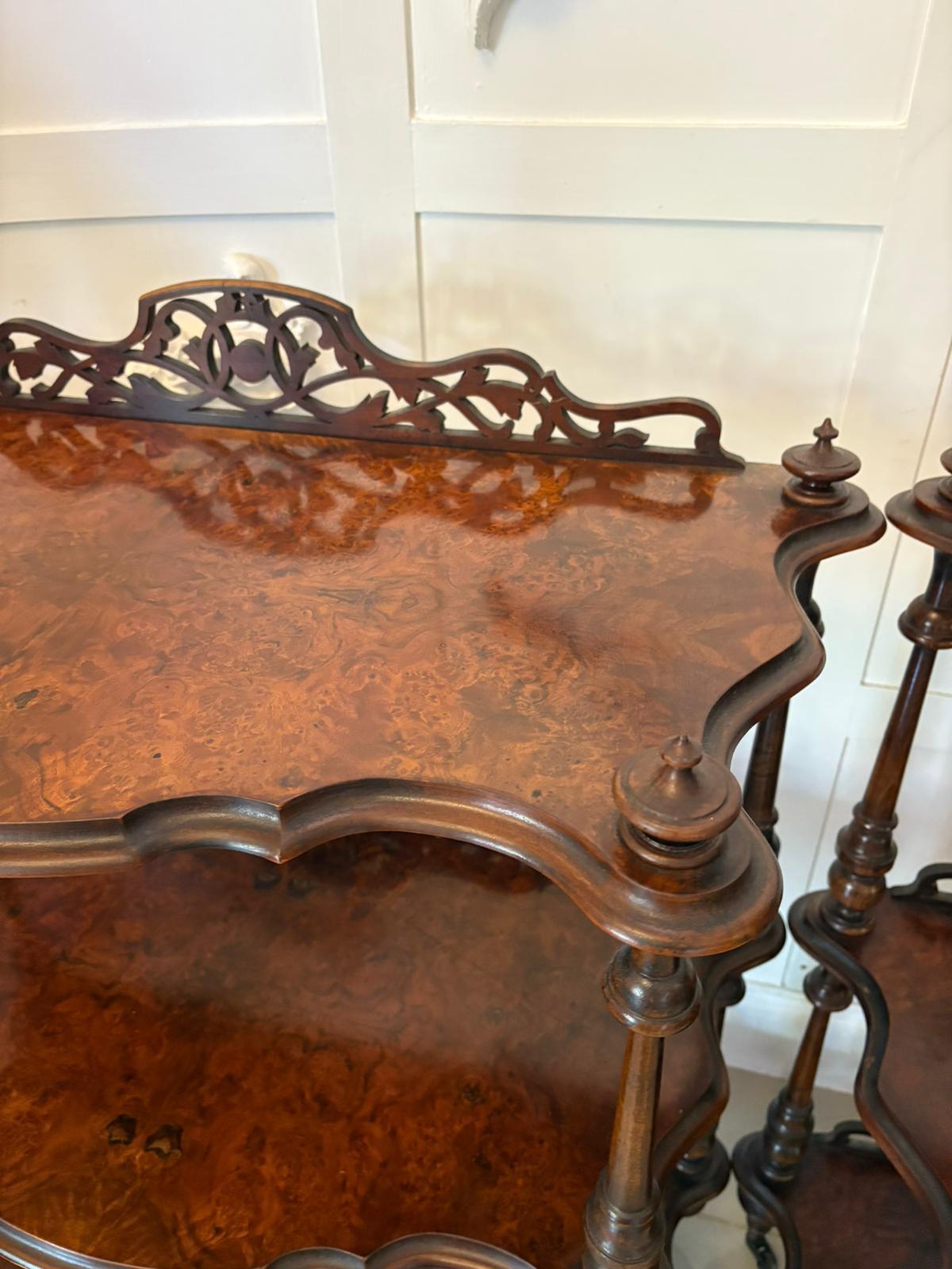Unusual Pair of Antique Victorian Quality Burr Walnut Whatnots For Sale 7