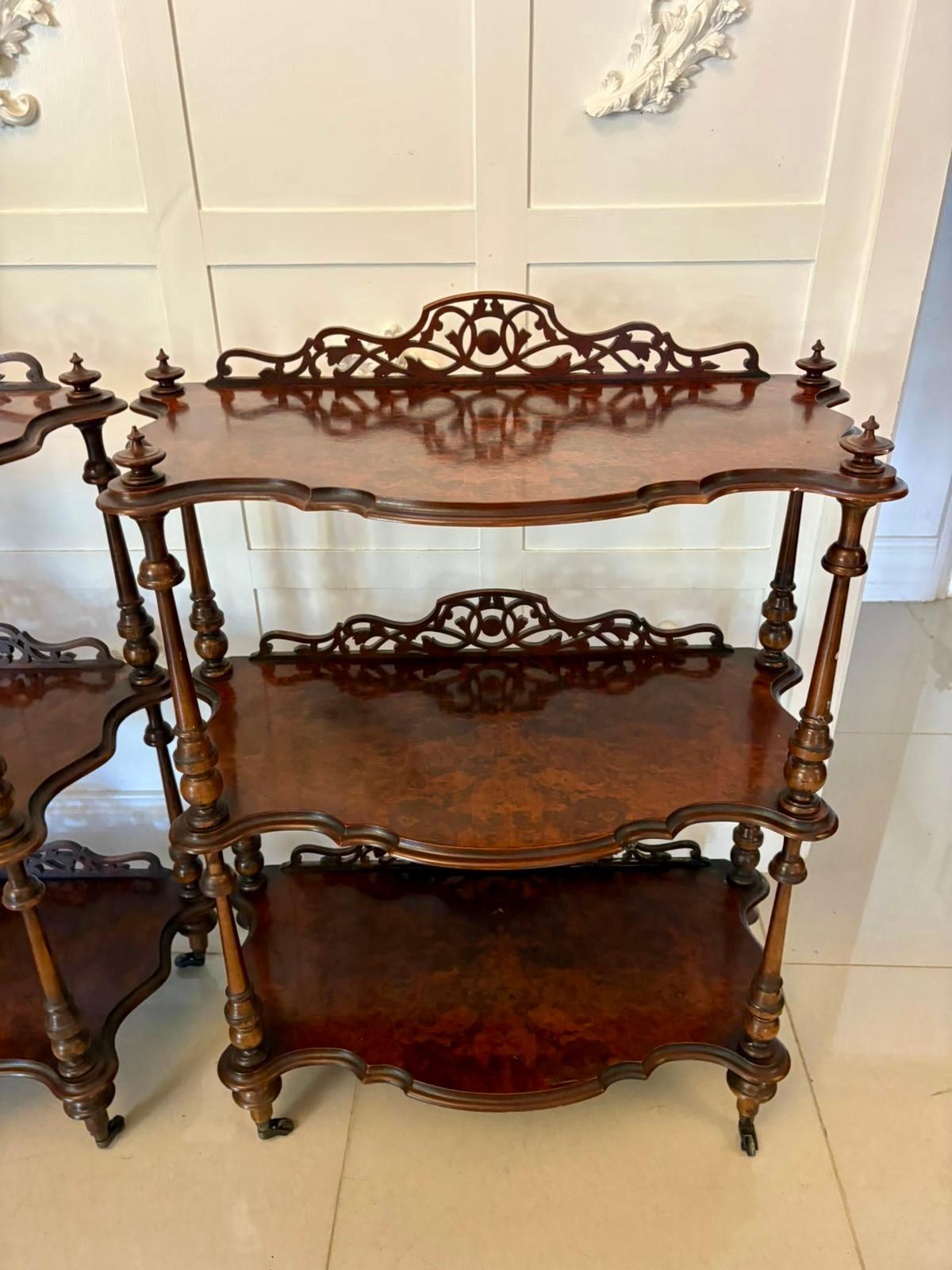 Unusual Pair of Antique Victorian Quality Burr Walnut Whatnots For Sale 5