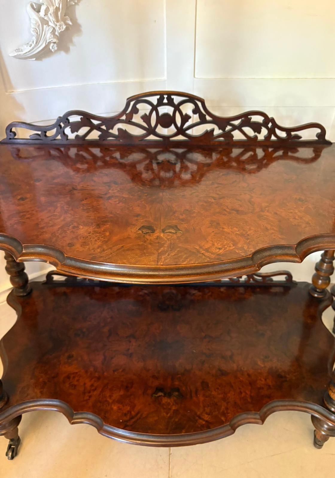 Unusual Pair of Antique Victorian Quality Burr Walnut Whatnots For Sale 3