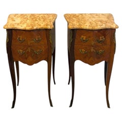 Antique Pair French Kingwood Marquetry Inlaid Marble Top Bedside Cabinets