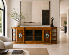 Monumental Extra Large Antique Satinwood Marquetry Ormolu & Porcelain Credenza