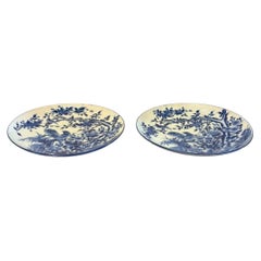 Coppia di grandi piatti da portata antichi in porcellana cinese blu e bianca con il cavallo di Qianlong