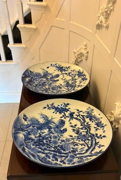 Antique Pair of Large Chinese Blue and White Porcelain Chargers with Qianlong Ma