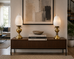 Antique Edwardian Near Pair of Brass Oil Lamps with Opaline Glass Shades