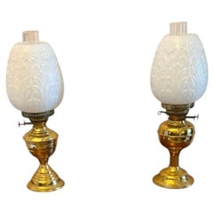 Antique Edwardian Near Pair of Brass Oil Lamps with Opaline Glass Shades
