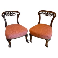 Antique Pair Victorian Carved Walnut Side Chairs