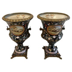 Antique French Porcelain & Brass Mounted Pair of Jardinière Urns