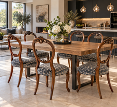 Antique Victorian Walnut Set of 6 Carved Balloon Back Dining Chairs