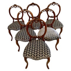 Antique Victorian Walnut Set of 6 Carved Balloon Back Dining Chairs