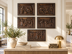 Antique Victorian Set of Five Flemish Carved Oak Tavern Scene Wall Panels