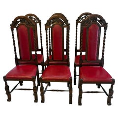 Antique Victorian Set of Six Carved Oak Barley Twist Dining Chairs