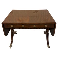 Antique Regency Freestanding Mahogany Drop Leaf Sofa Table with Brass Inlay