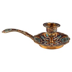 Antique French Champlevé Enamel Brass Gold Blue Chamber Candlestick