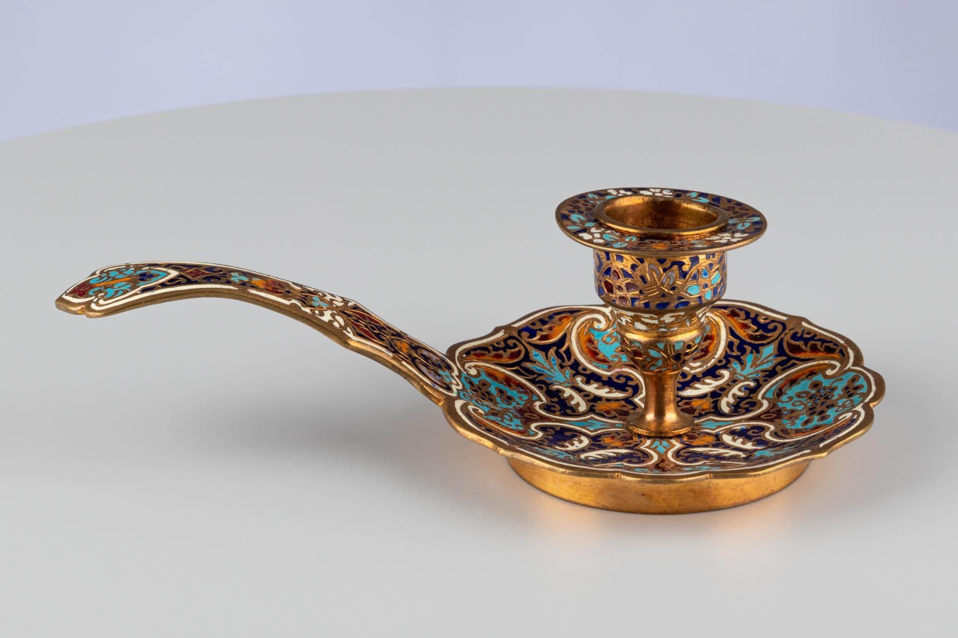 Francese Antique French Smalto Champlevé Ottone Oro Blu Candeliere da Camera in vendita