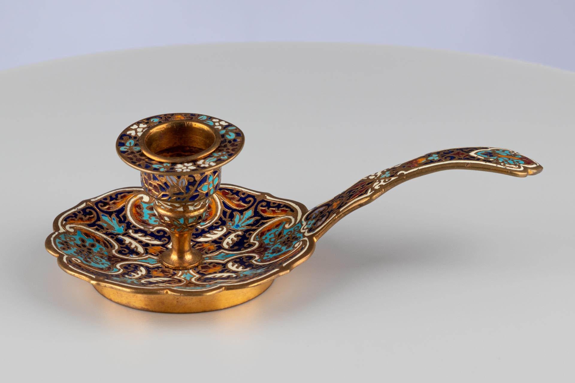 Antique French Smalto Champlevé Ottone Oro Blu Candeliere da Camera In condizioni buone in vendita a Greven, DE