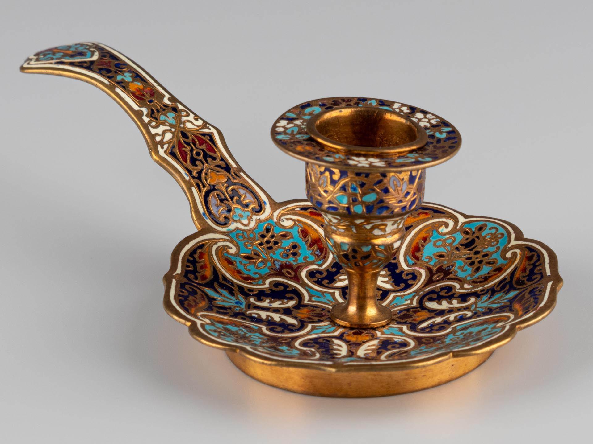 XIX secolo Antique French Smalto Champlevé Ottone Oro Blu Candeliere da Camera in vendita