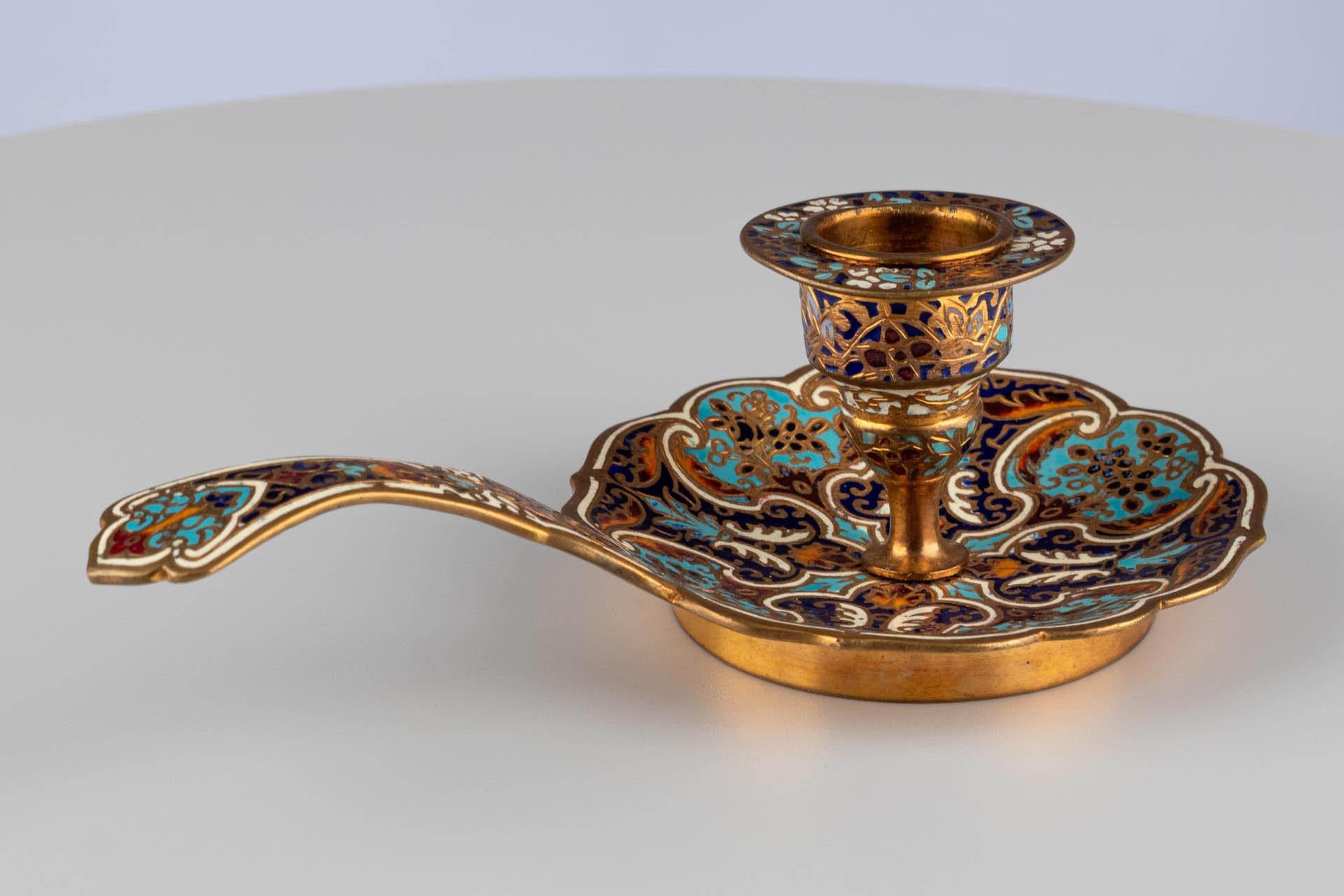 Antique French Smalto Champlevé Ottone Oro Blu Candeliere da Camera in vendita 2