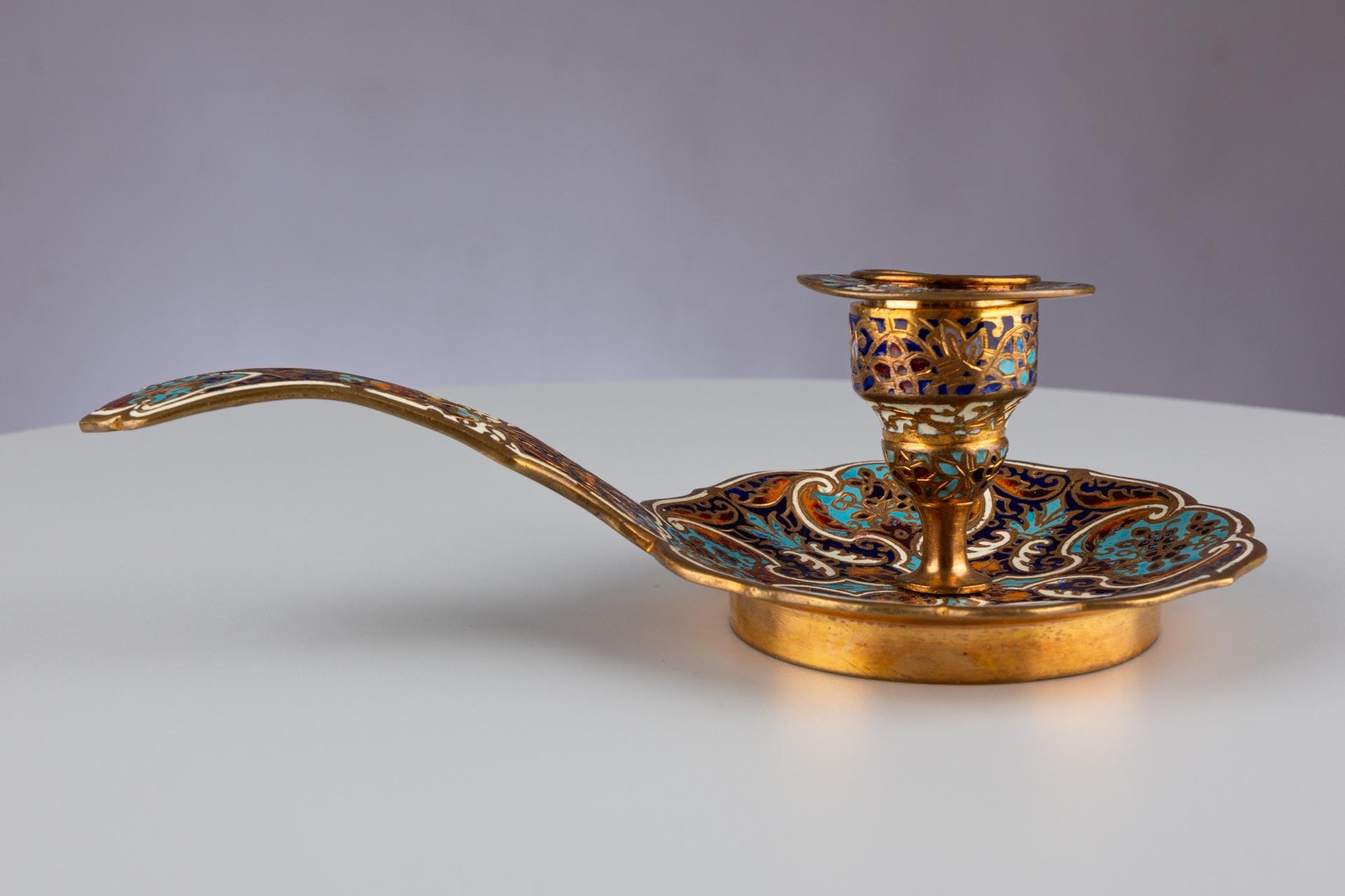 Antique French Smalto Champlevé Ottone Oro Blu Candeliere da Camera in vendita 5