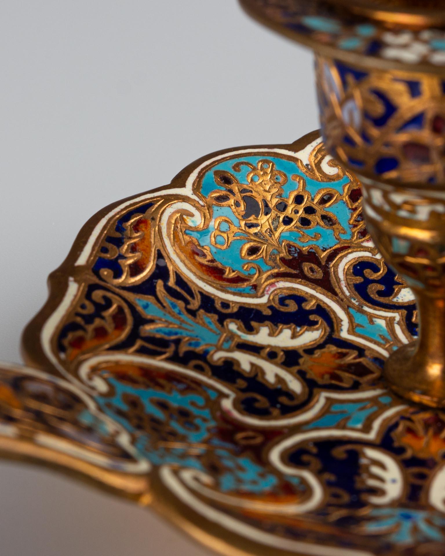Antique French Smalto Champlevé Ottone Oro Blu Candeliere da Camera in vendita 7