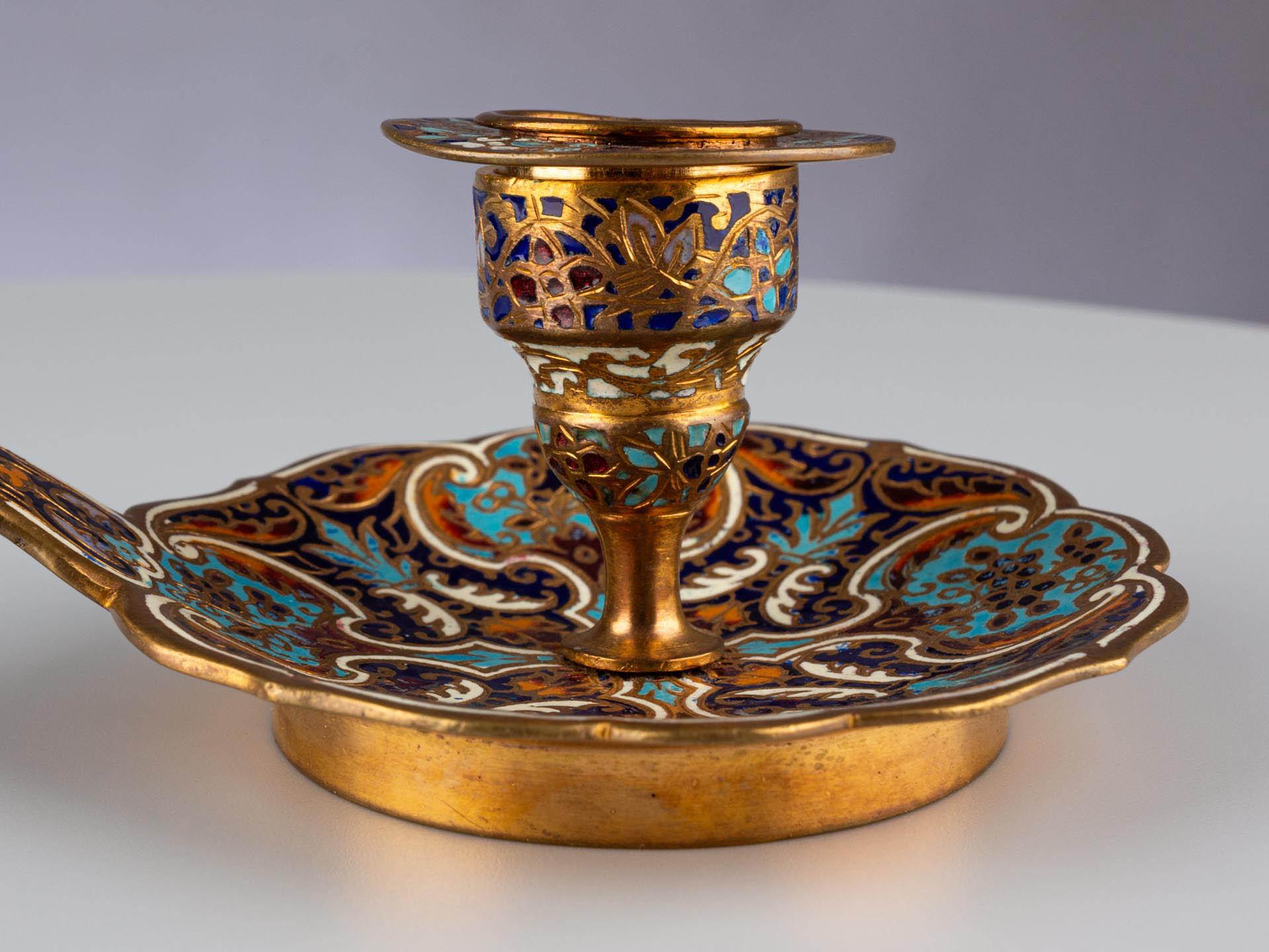 Antique French Smalto Champlevé Ottone Oro Blu Candeliere da Camera in vendita 4