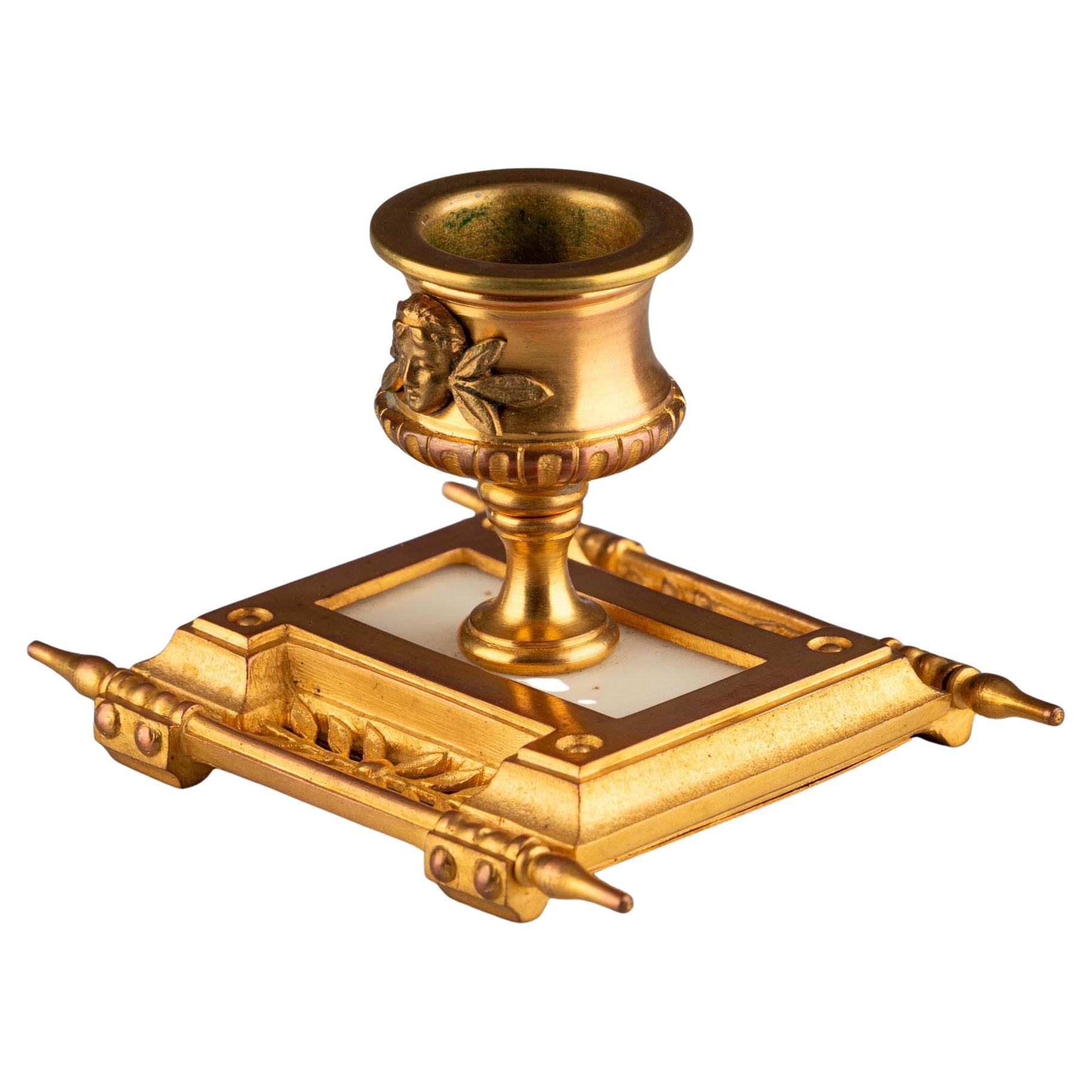 Antique Louis XVI Style Gilt Bronze Ormolu Gold Marble Candleholder Candlestick in vendita