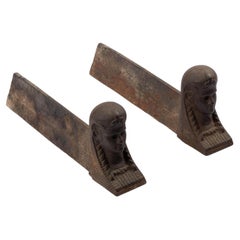 Antique Egyptian Revival Cast Iron Andirons Firedogs Fireplace Accessory Sphinx