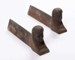 Antique Egyptian Revival Cast Iron Andirons Firedogs Fireplace Accessory Sphinx