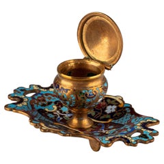 Late 19th Century French Cloisonné Enamel Inkwell in Gilt Bronze