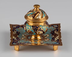 Late 19th Century French Cloisonné Enamel Inkwell in Gilt Bronze