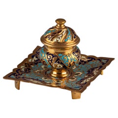 Late 19th Century French Cloisonné Enamel Inkwell in Gilt Bronze
